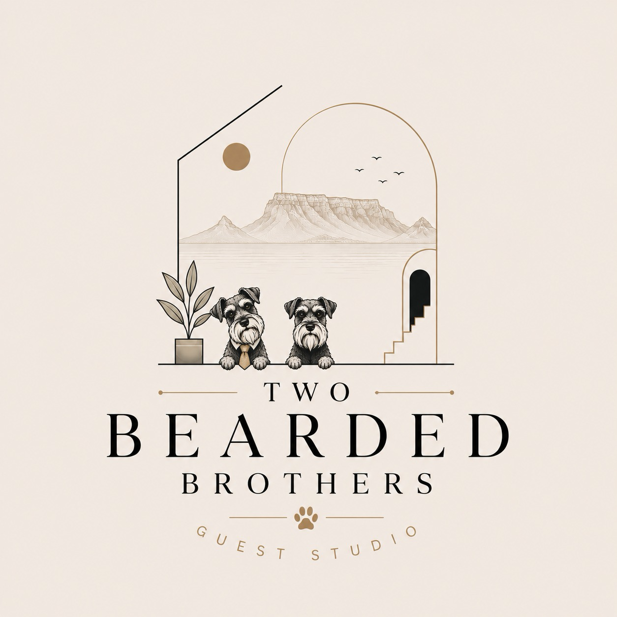 Two Bearded Brothers guest studio — two schnauzers framed by Table Mountain